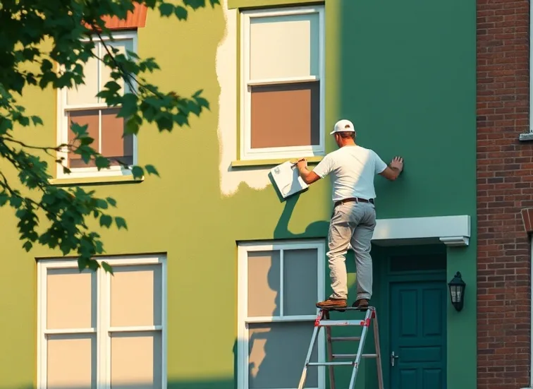 Peintre sur échafaudage traitant la façade d'une maison