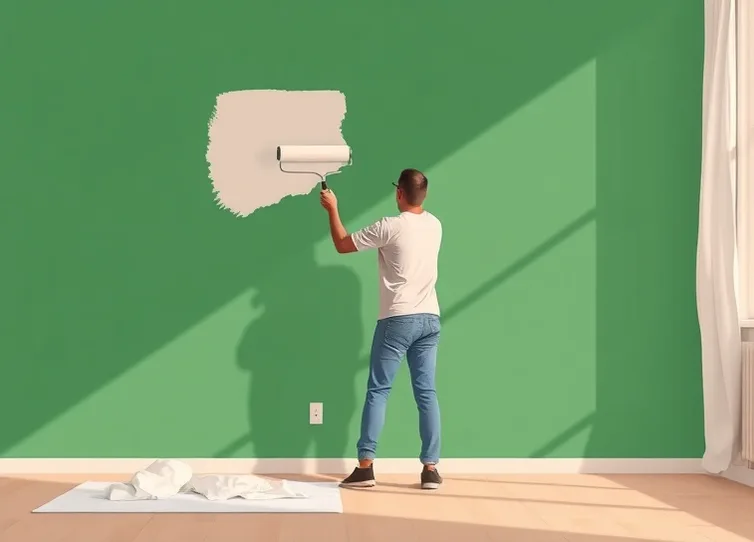 Peintre appliquant la peinture au rouleau sur un mur de salon